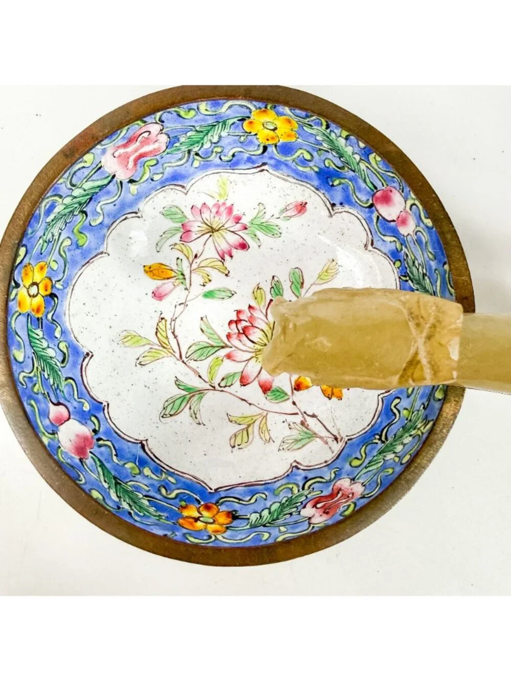 Antique Chinese Enameled Floral Jade Nephrite Hook Handle Bowl